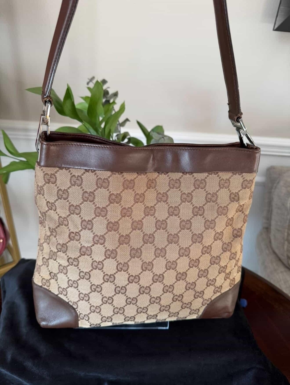 Gucci Vintage GG Canvas Brown Leather Shoulder Bag Hobo - Picture 3 of 14